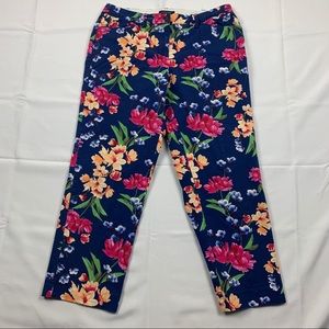 Lands End Womens Sz 8 Mid Rise Straight Leg Pants Blue Floral Cotton Comfort